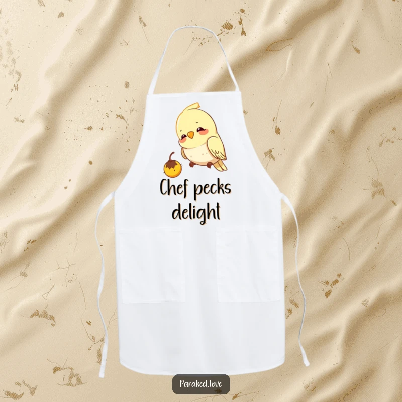 Funny budgie apron illustrating a cheerful bird pecking with great focus at an imaginary seed, bringing humor to the kitchen.