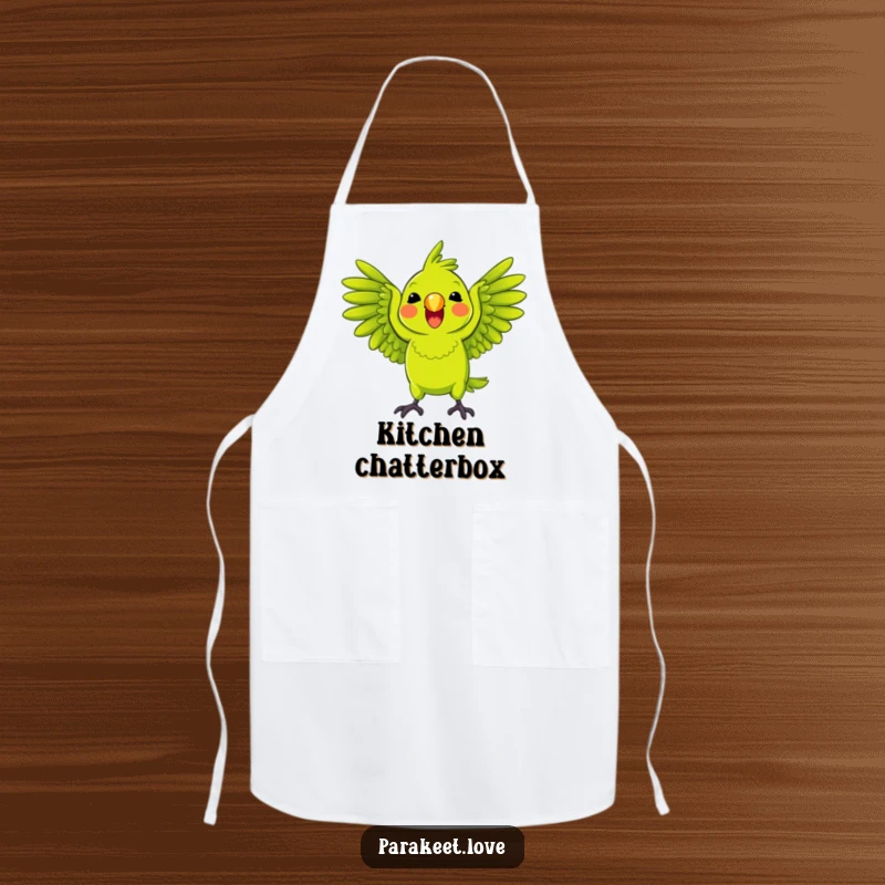 Funny Parrot Apron featuring a bright green parrot playfully squawking with wings spread wide, perfect for lively cooking and kitchen humor.