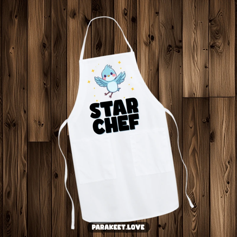 Funny apron depicting a tiny, blue feathered character joyfully performing a spinning leap in the air, surrounded by tiny stars. Kitchen fun and protection.