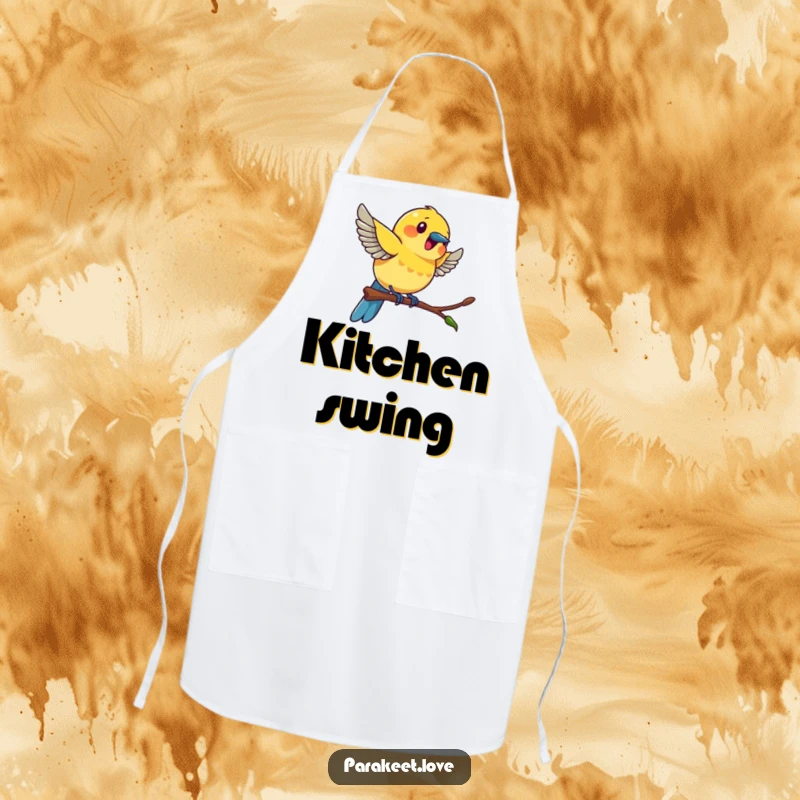 Funny colorful bird apron showing a bird swinging with great excitement on a small perch, adding humor to the kitchen.