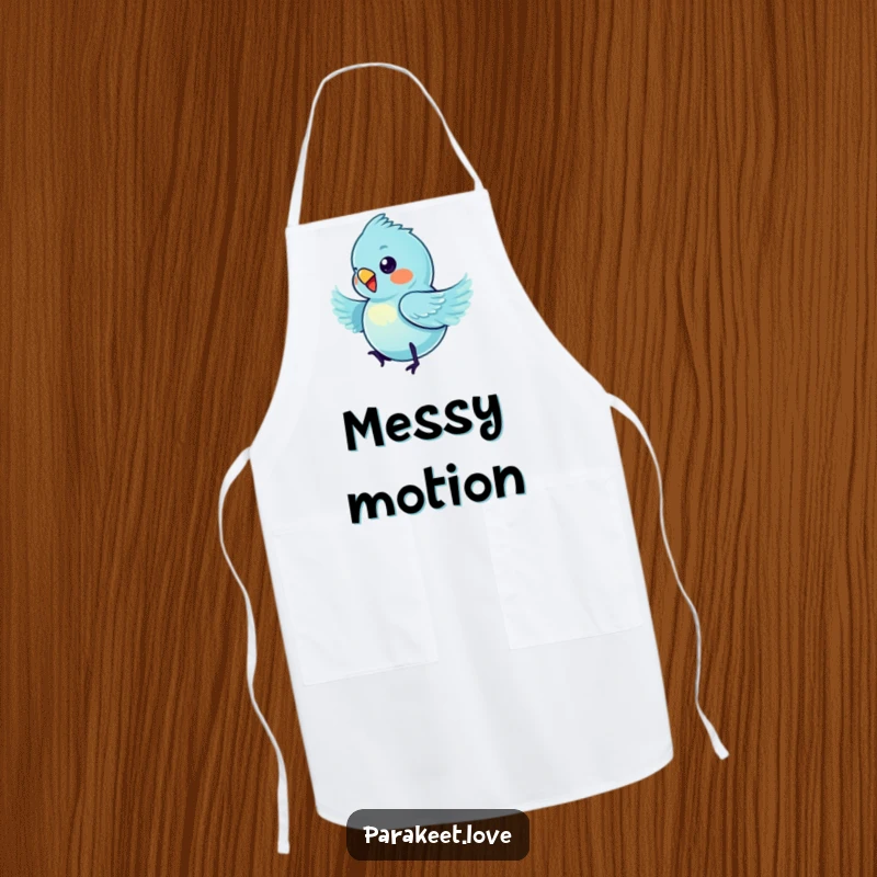 Funny blue parakeet apron showing a tiny bird in a comical spinning blur, making kitchen tasks more enjoyable and humorous.