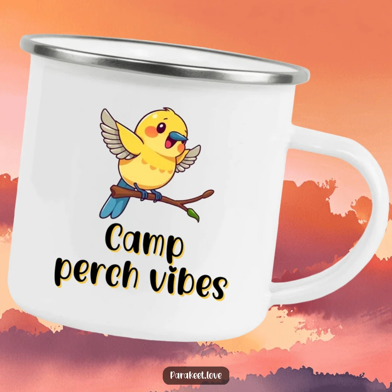 Funny colorful bird camping mug showing a bird swinging with excitement on a tiny perch, ready for any outdoor escapade.