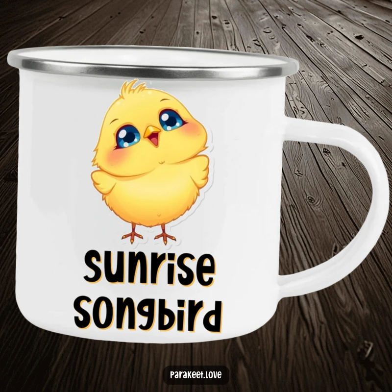 Funny Bird Camping Mug featuring a fluffy yellow bird with big blue eyes, joyfully bobbing its head, durable and humorous for adventures.