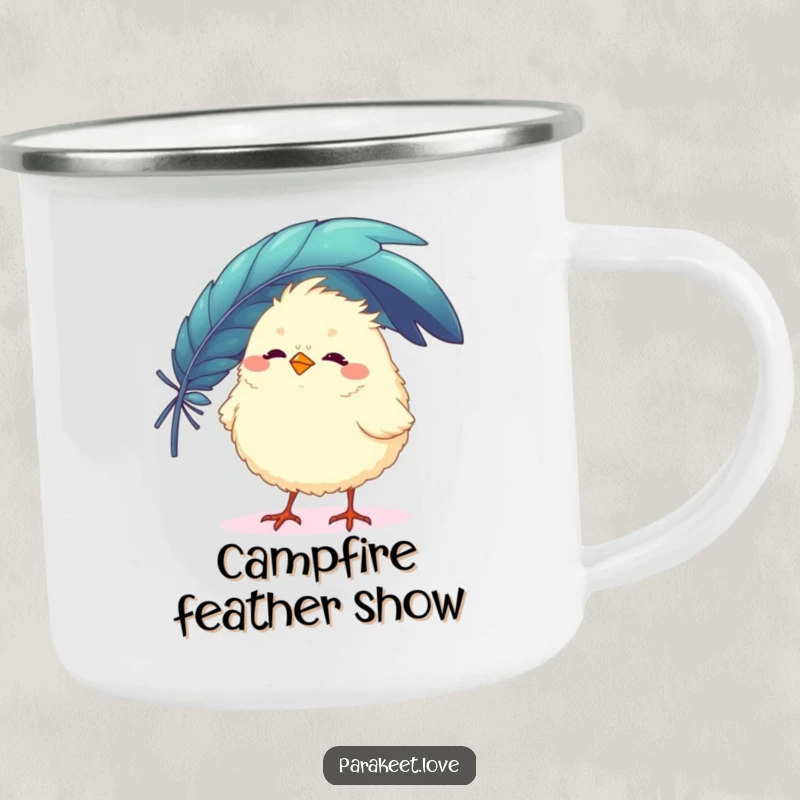 Funny camping mug with a fluffy, round bird character balancing a large, colorful feather on its beak. Durable and humorous outdoor gear.