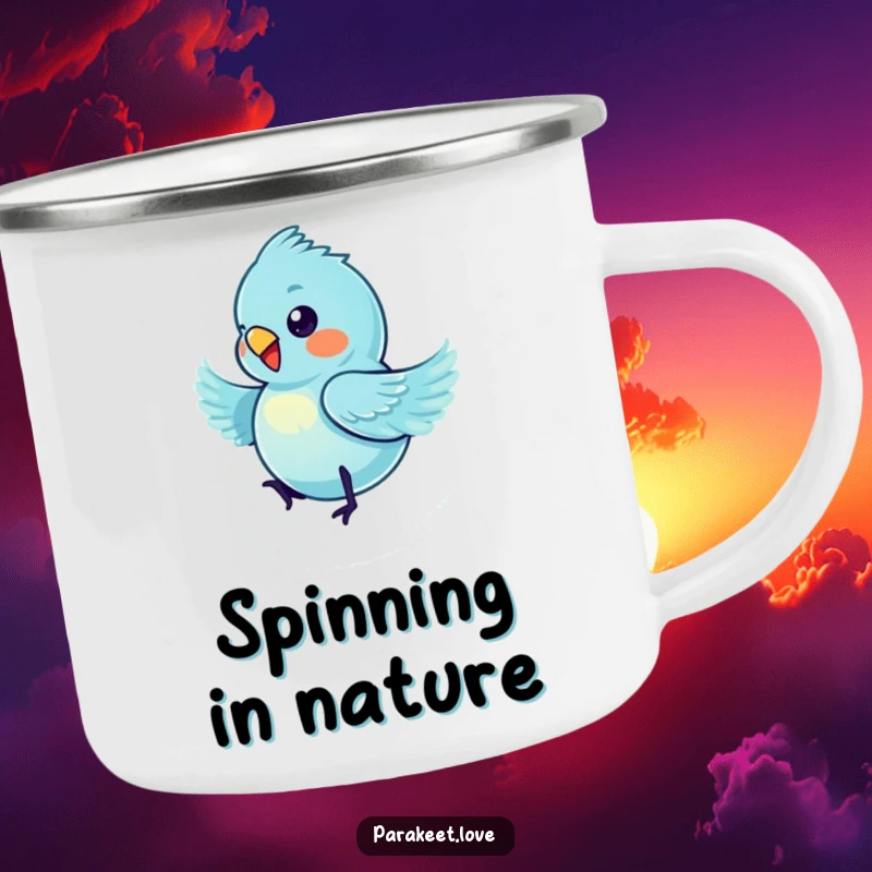 Funny blue parakeet camping mug showing a tiny bird spinning with excitement, ready for any adventure, a humorous travel companion.