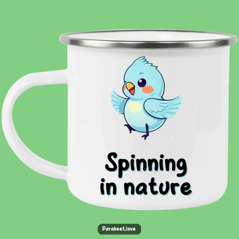 Funny Spinning Blue Parakeet Camping Mug - Adventure & Bird Humor Gift