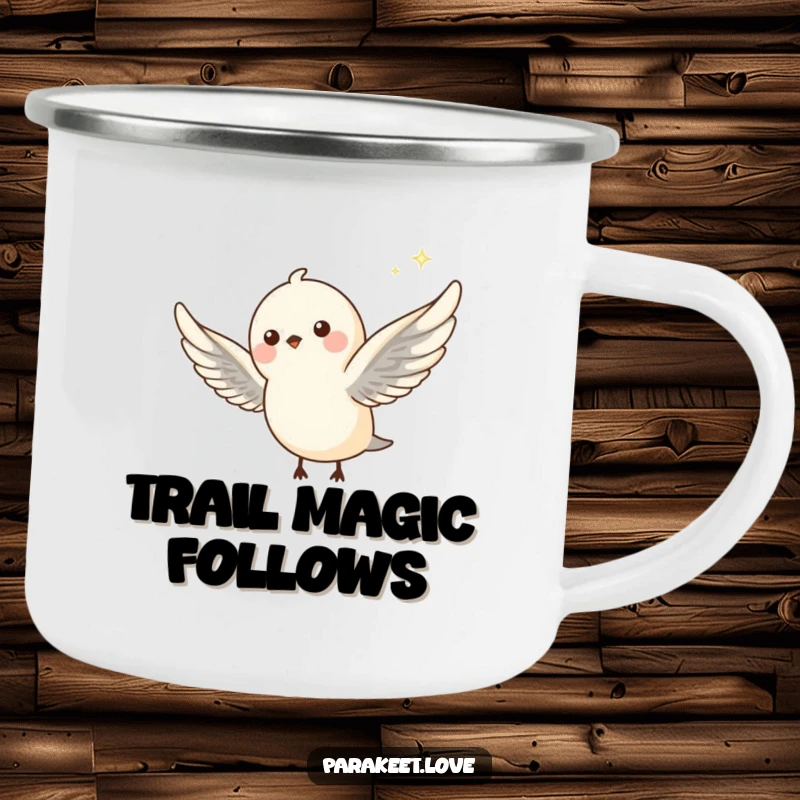 Funny camping mug with a petite bird in mid-flight, wings outstretched, trailing a whimsical sparkle. Durable and magical outdoor gear.