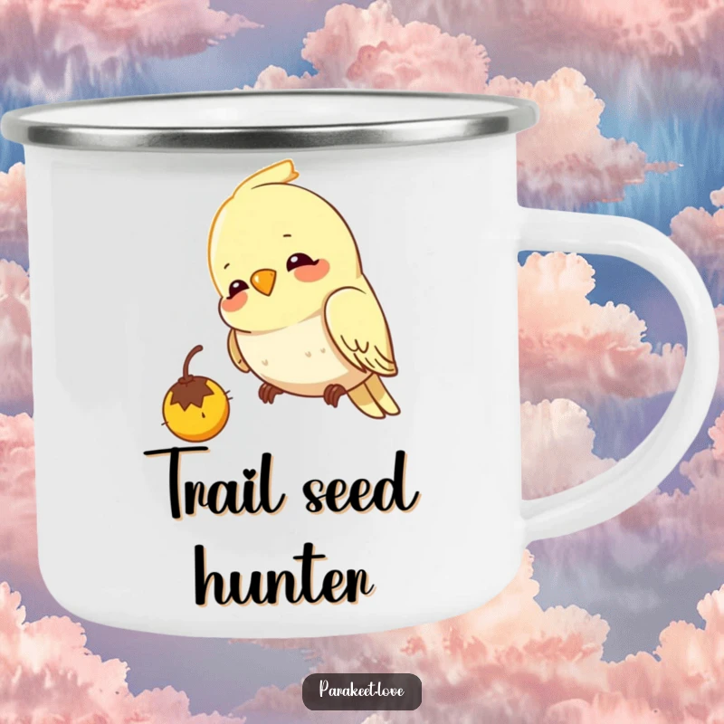 Funny budgie camping mug showing a bird pecking with focus at a seed, ideal for enjoying beverages during outdoor adventures.
