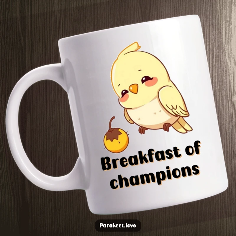 Funny budgie mug showing a cheerful bird intensely pecking at an unseen seed with utmost concentration and joy.