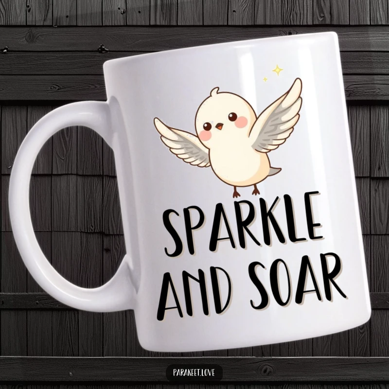 Funny mug featuring a tiny, petite avian creature mid-flight with wings outstretched, trailing a whimsical sparkle. Joyful and magical design.