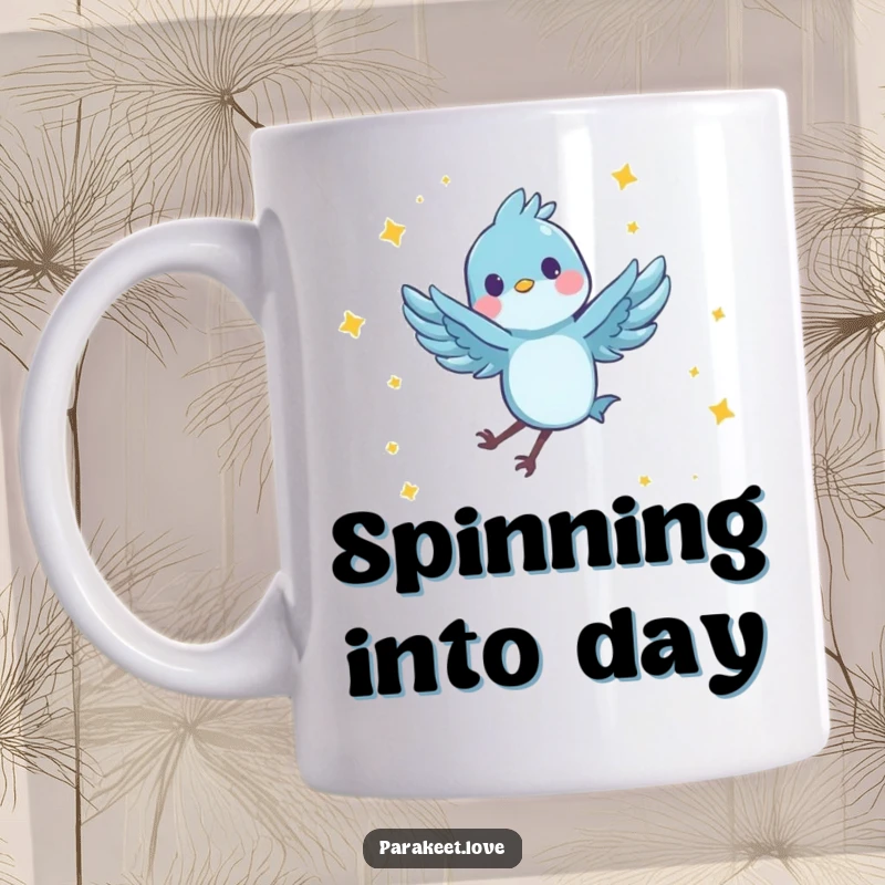 Funny mug with a tiny, blue feathered character joyfully performing a spinning leap in the air, surrounded by tiny stars. Whimsical and celebratory.
