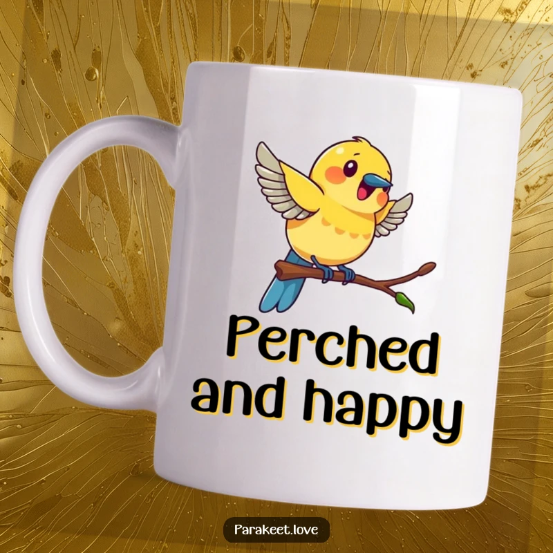 Funny colorful bird mug showing a bird swinging with excitement on a tiny perch, embodying pure joy and motion.