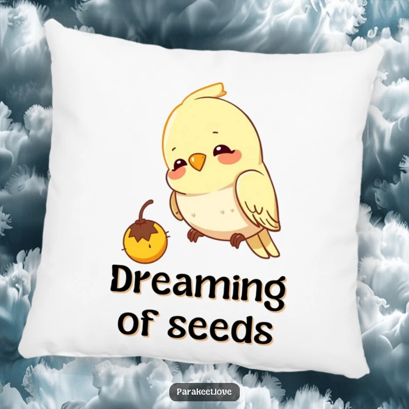 Funny budgie pillow featuring a cheerful bird with intense focus pecking at an unseen seed, a cozy addition to any room.
