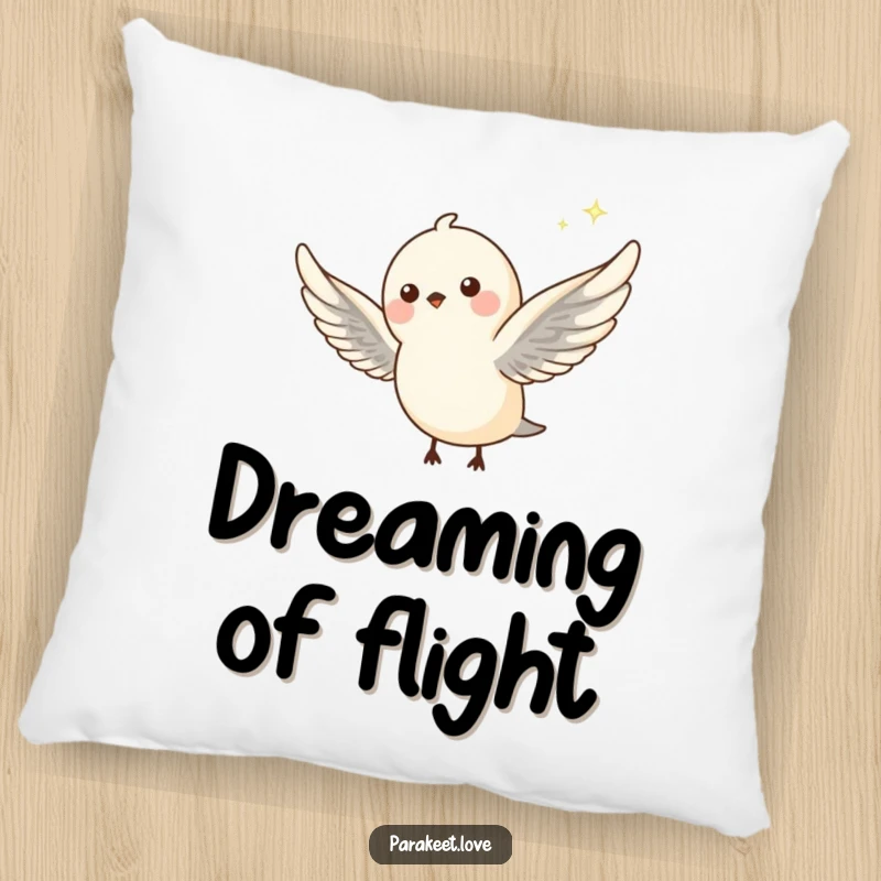Funny pillow featuring a petite bird in mid-flight with wings outstretched, trailing a whimsical sparkle. Soft and enchanting decor.