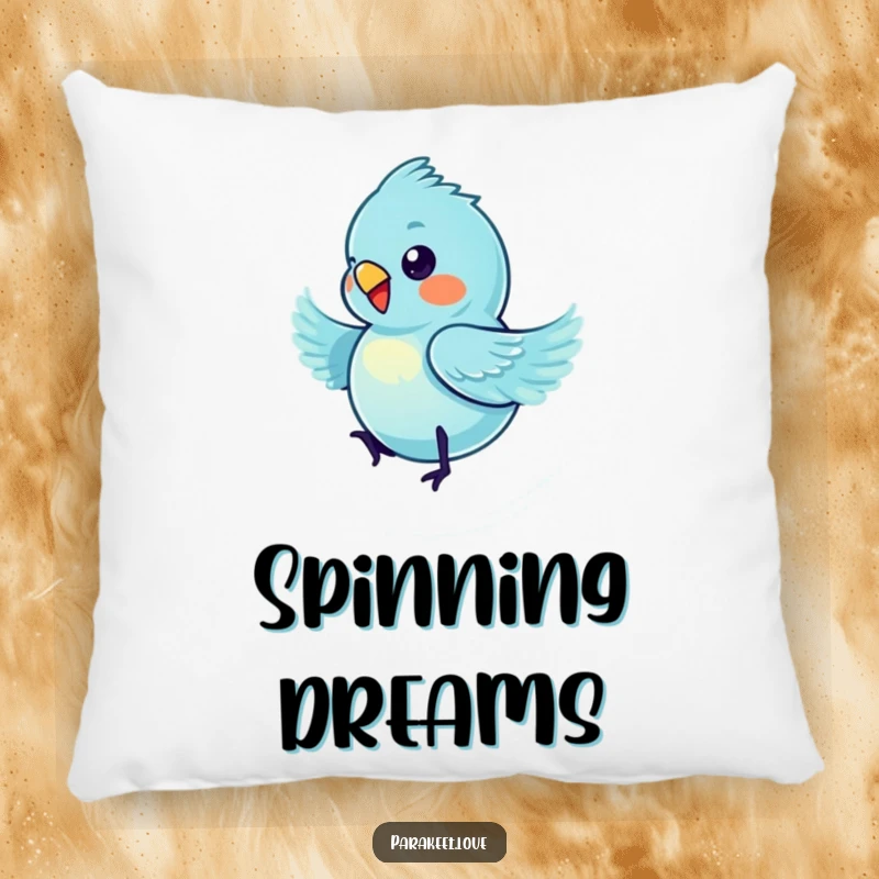 Funny blue parakeet pillow featuring a tiny bird caught in a delightful spinning motion, perfect for adding humor to any room.