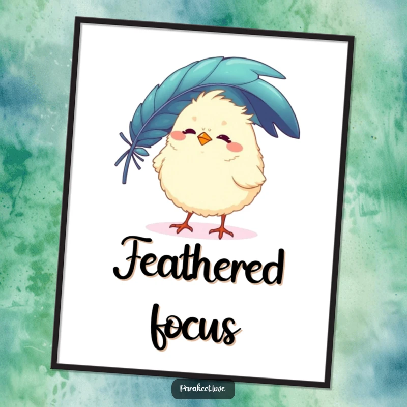 Funny digital art print of a fluffy, round bird character playfully balancing a large, colorful feather on its beak. Instant cute and humorous decor.