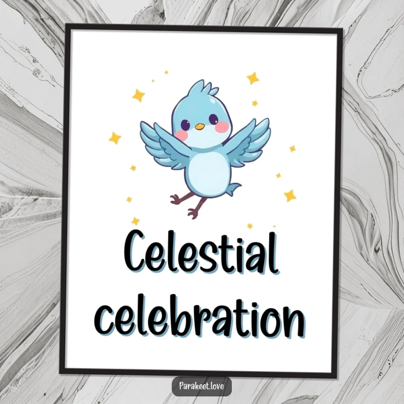 Funny digital art print of a tiny, blue feathered character joyfully performing a spinning leap in the air, surrounded by tiny stars. Instant vibrant and humorous decor.