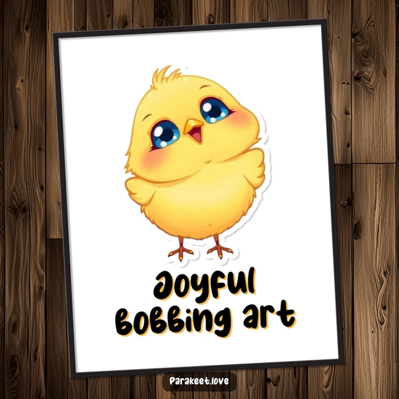 Funny Bird Digital Art Print of a fluffy yellow bird with big blue eyes, joyfully bobbing its head, ideal for cheerful and humorous home decor.