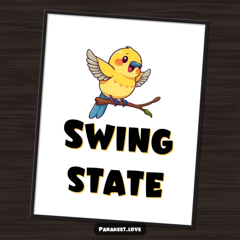 Funny colorful bird digital art print capturing a bird swinging with great excitement on a tiny perch, adding animated humor.