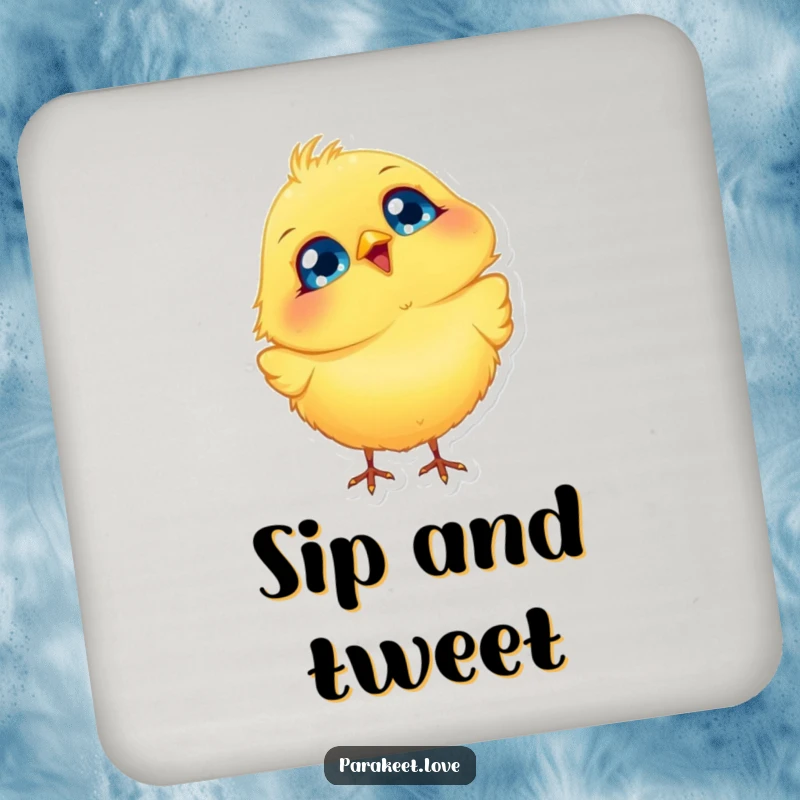 Funny Bird Coasters featuring a fluffy yellow bird with big blue eyes, joyfully bobbing its head, protecting surfaces with cheerful humor.