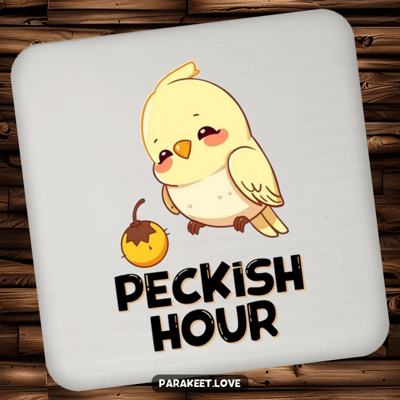 Funny budgie drink coaster set depicting a cheerful bird pecking with focused intensity at an imaginary seed.