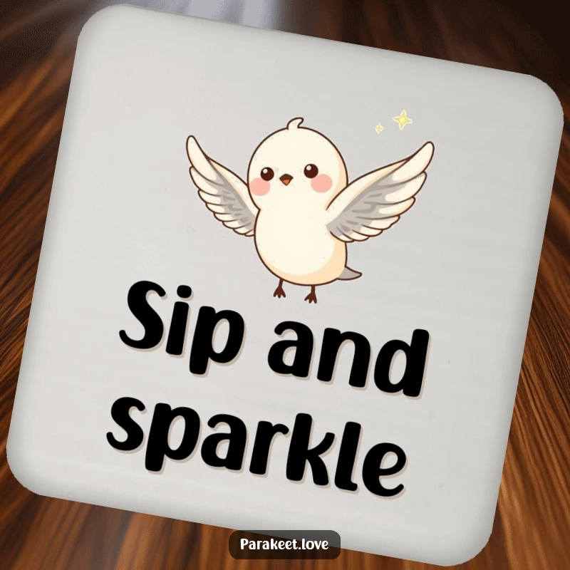 Funny drink coaster featuring a petite avian creature in mid-flight, wings outstretched, trailing a whimsical sparkle. Protects surfaces with magic.