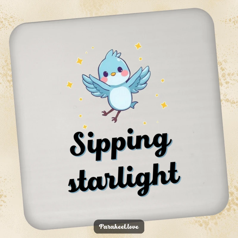 Funny drink coaster featuring a tiny, blue feathered character joyfully performing a spinning leap in the air, surrounded by tiny stars. Protects surfaces with humor.