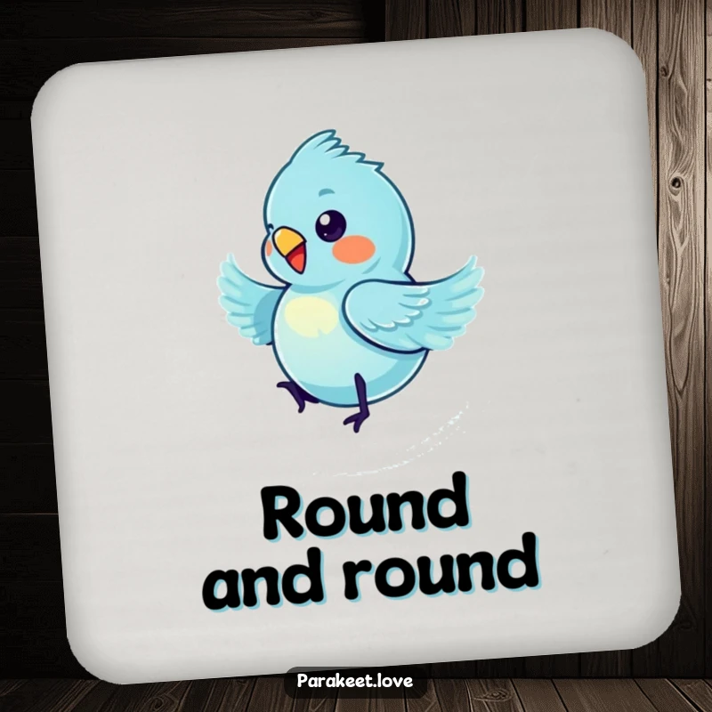 Funny blue parakeet drink coaster set featuring a tiny bird spinning merrily, adding a humorous touch to beverage service.