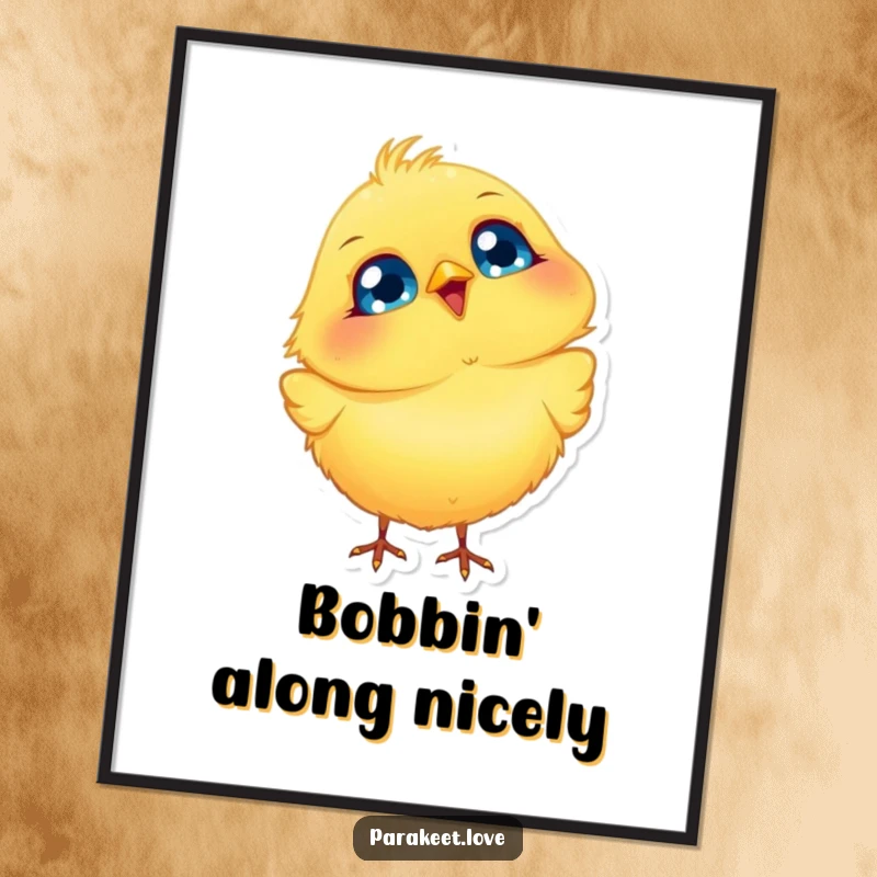 Funny Bird Poster featuring a fluffy yellow bird with big blue eyes, joyfully bobbing its head, bringing cheerful humor to any room.