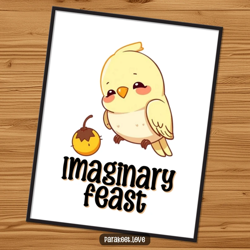 Funny budgie poster print capturing a cheerful bird pecking at an imaginary seed with absolute, focused delight and precision.