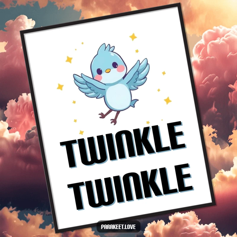 Funny poster art of a tiny, blue feathered character joyfully performing a spinning leap in the air, surrounded by tiny stars. Vibrant and humorous wall decor.