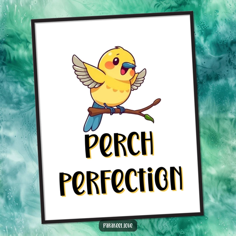 Funny colorful bird poster print of a bird swinging with great excitement on a tiny perch, full of life and motion.