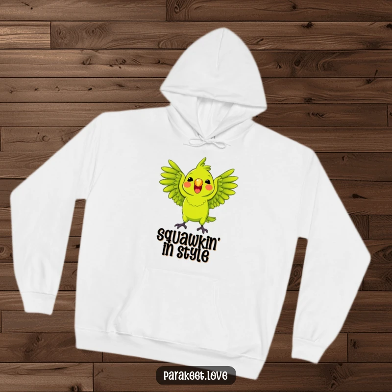 Funny Parrot Hoodie featuring a bright green parrot playfully squawking with wings spread wide, offering cozy comfort and lively humor.