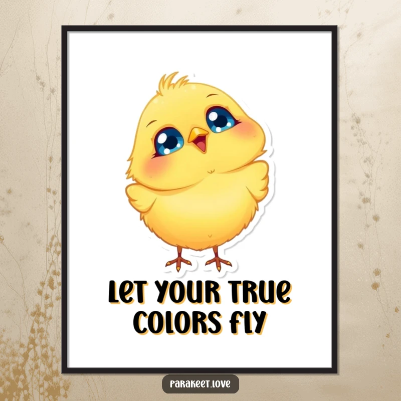 Funny free printable wall art of a fluffy yellow bird with big blue eyes joyfully bobbing its head.