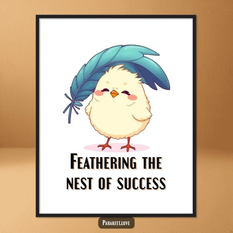 Funny Free Printable Wall Art featuring a fluffy bird balancing a colorful feather on its beak, whimsical downloadable decor.