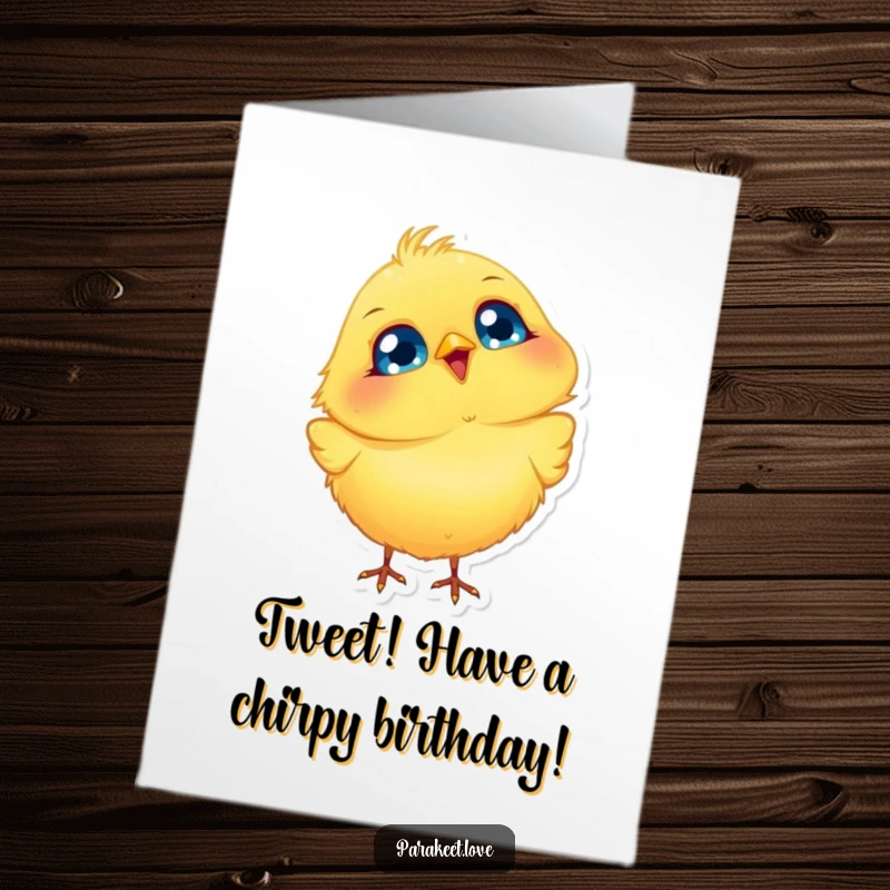 Funny free printable birthday card featuring a fluffy yellow bird with big blue eyes joyfully bobbing its head.