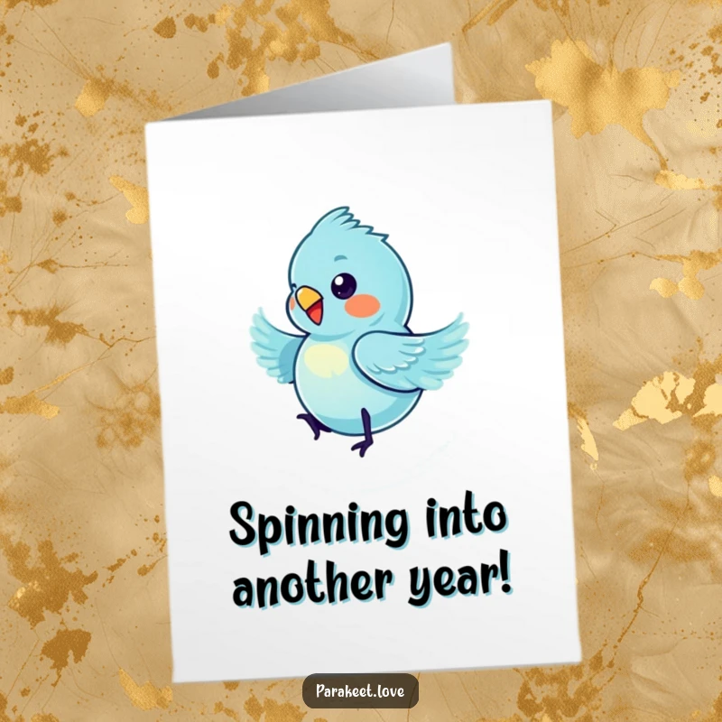 Funny Free Printable Birthday Card: A tiny blue parakeet spinning wildly, a delightful blur of motion for a hilarious greeting.