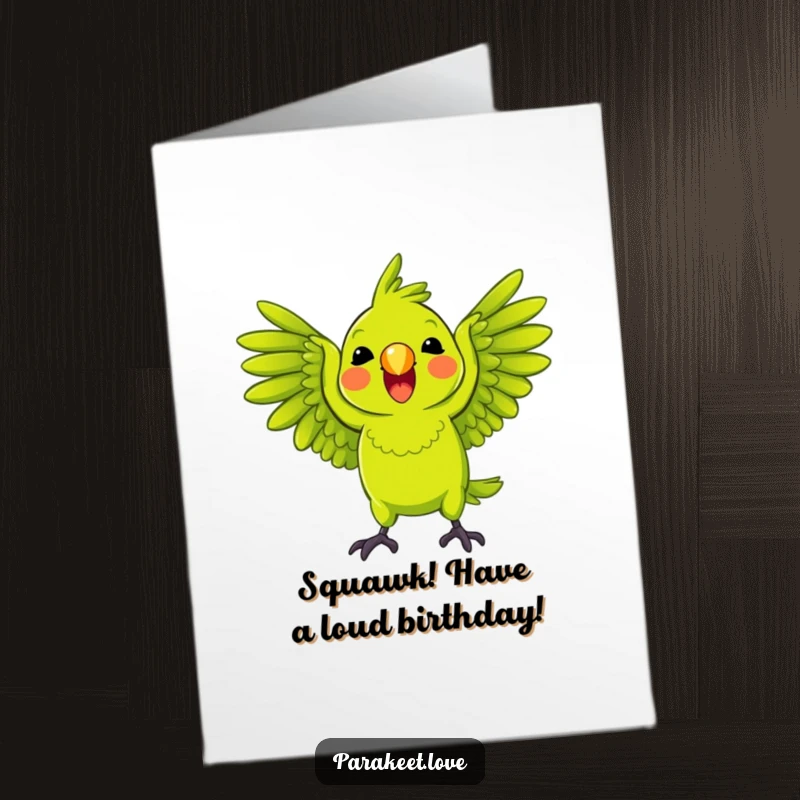 Funny free printable birthday card featuring a bright green parrot squawking playfully with wings spread.