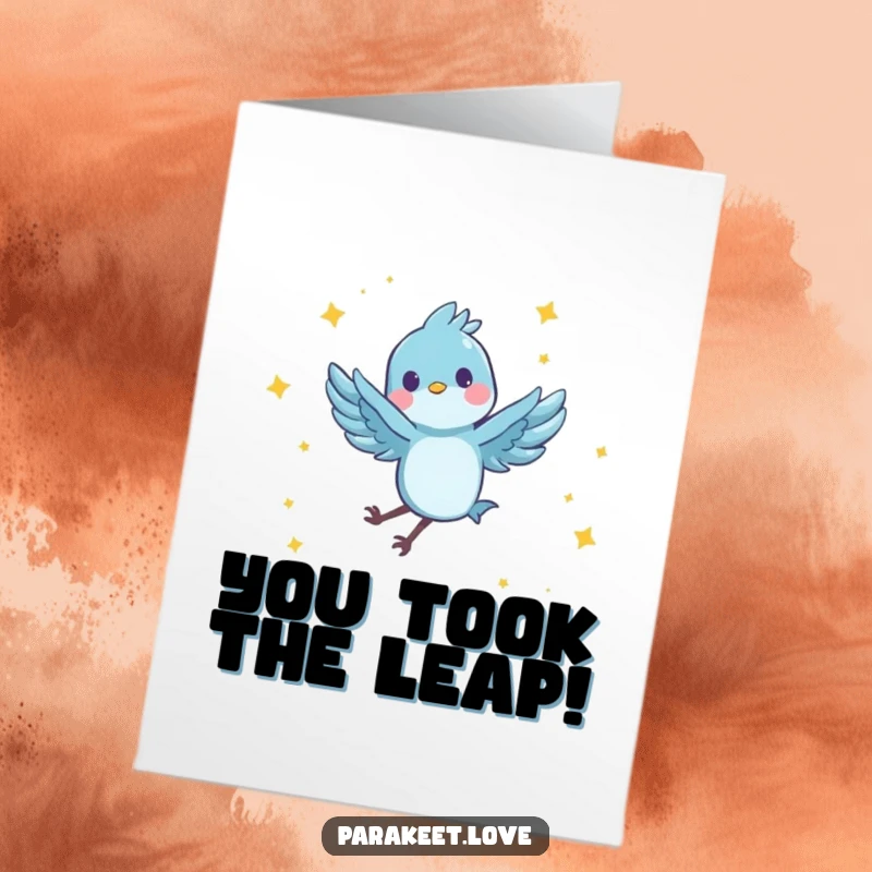 Funny Free Printable Congratulations Card with a tiny blue bird joyfully spinning and leaping among stars, a download-at-home gift.