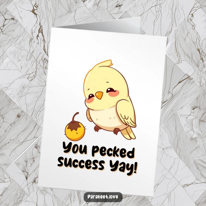 Funny Free Printable Congratulations Card: A cheerful budgie with intense focus pecking at an imaginary seed, celebrating success.