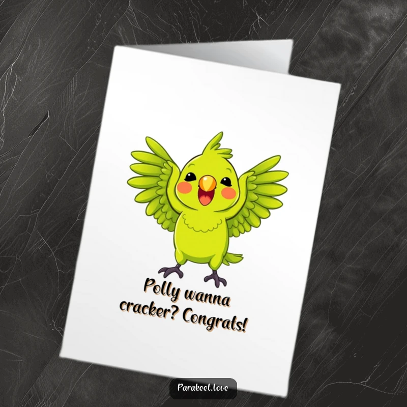 Funny free printable congratulations card showing a green parrot squawking with its wings spread wide.
