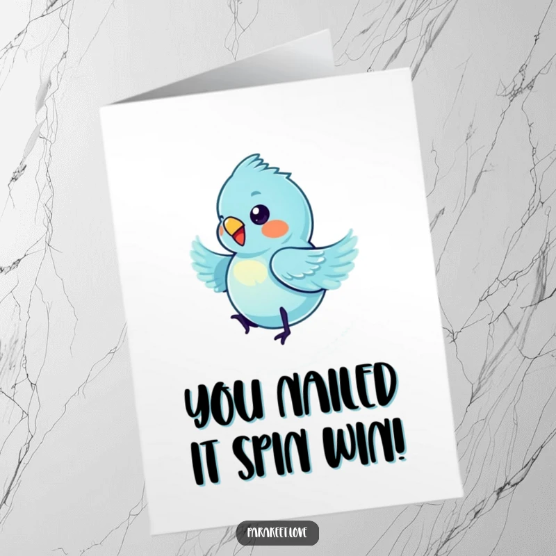 Funny Free Printable Congratulations Card: A tiny blue parakeet in a dizzying spin, celebrating achievements with hilarious motion.