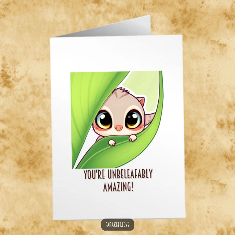 Funny Free Printable Congratulations Card with a curious creature peeking from a leaf, ideal for a download-at-home gift.