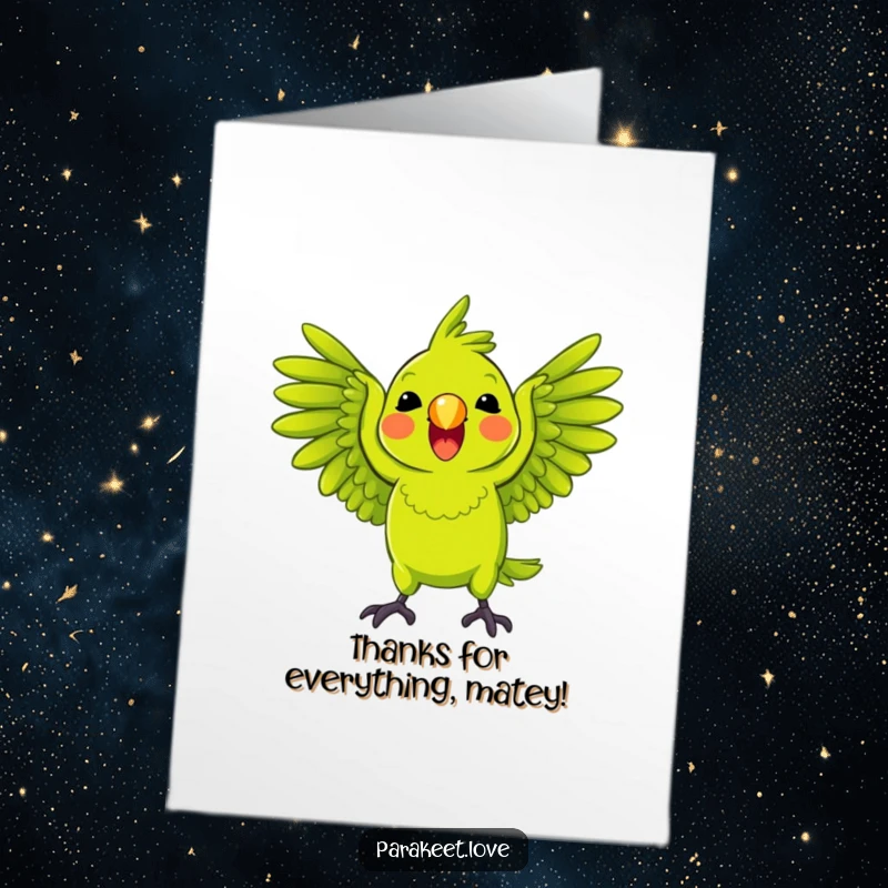 Funny free printable thank you card of a bright green parrot squawking with wings spread wide.