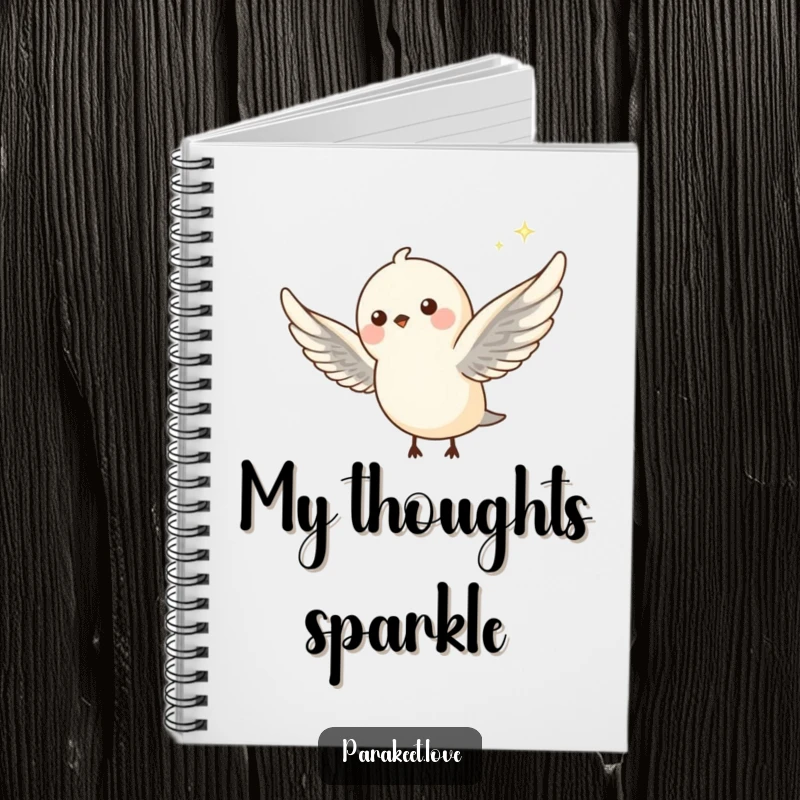 Funny notebook with a petite avian creature flying, wings outstretched, trailing a whimsical sparkle. Ideal for journaling and creative writing.
