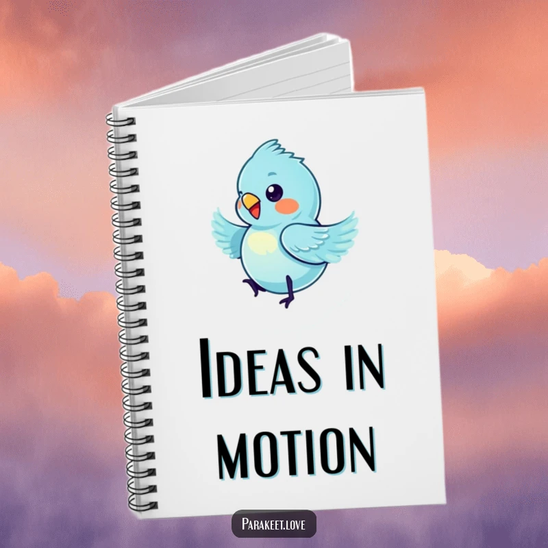 Funny blue parakeet notebook featuring a tiny bird spinning energetically, perfect for jotting down notes with a dose of humor.