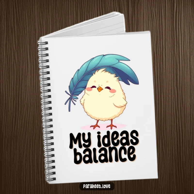 Funny notebook with a fluffy, round bird character balancing a large, colorful feather on its beak. Ideal for journaling and creative notes.