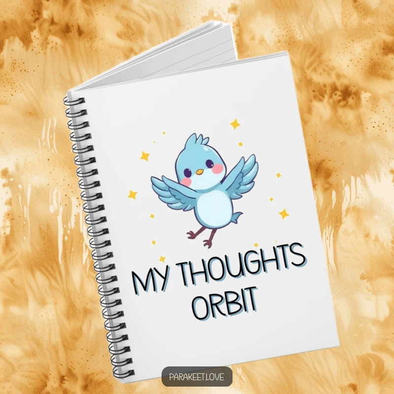 Funny notebook with a tiny, blue feathered character joyfully performing a spinning leap in the air, surrounded by tiny stars. Ideal for journaling.