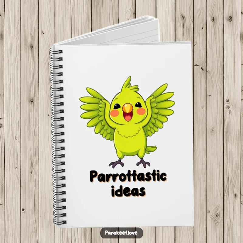 Funny Parrot Notebook with a bright green parrot playfully squawking with wings spread wide, perfect for journaling and lively humor.