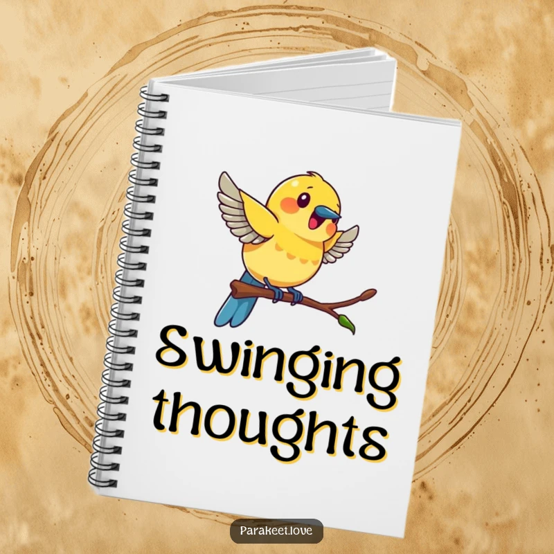 Funny colorful bird notebook featuring a bird swinging energetically on a perch, inspiring creative thoughts with a touch of humor.